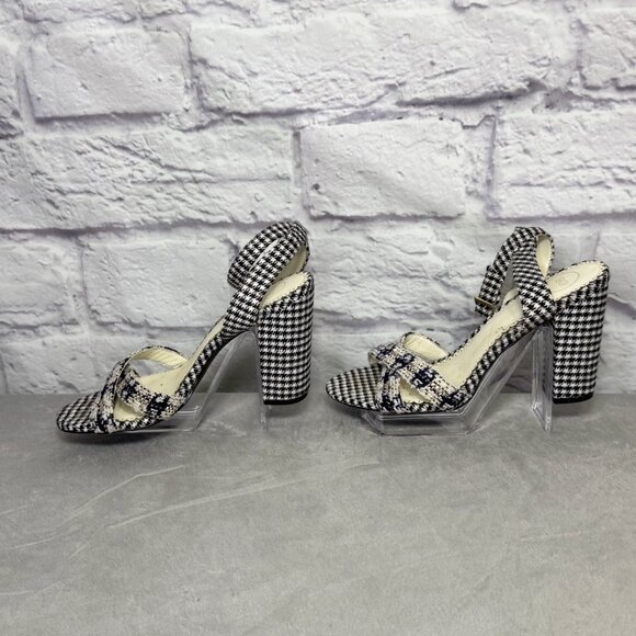 1901 Black & White Wool Houndstooth Ankle Strap Sandals - Picture 2 of 6